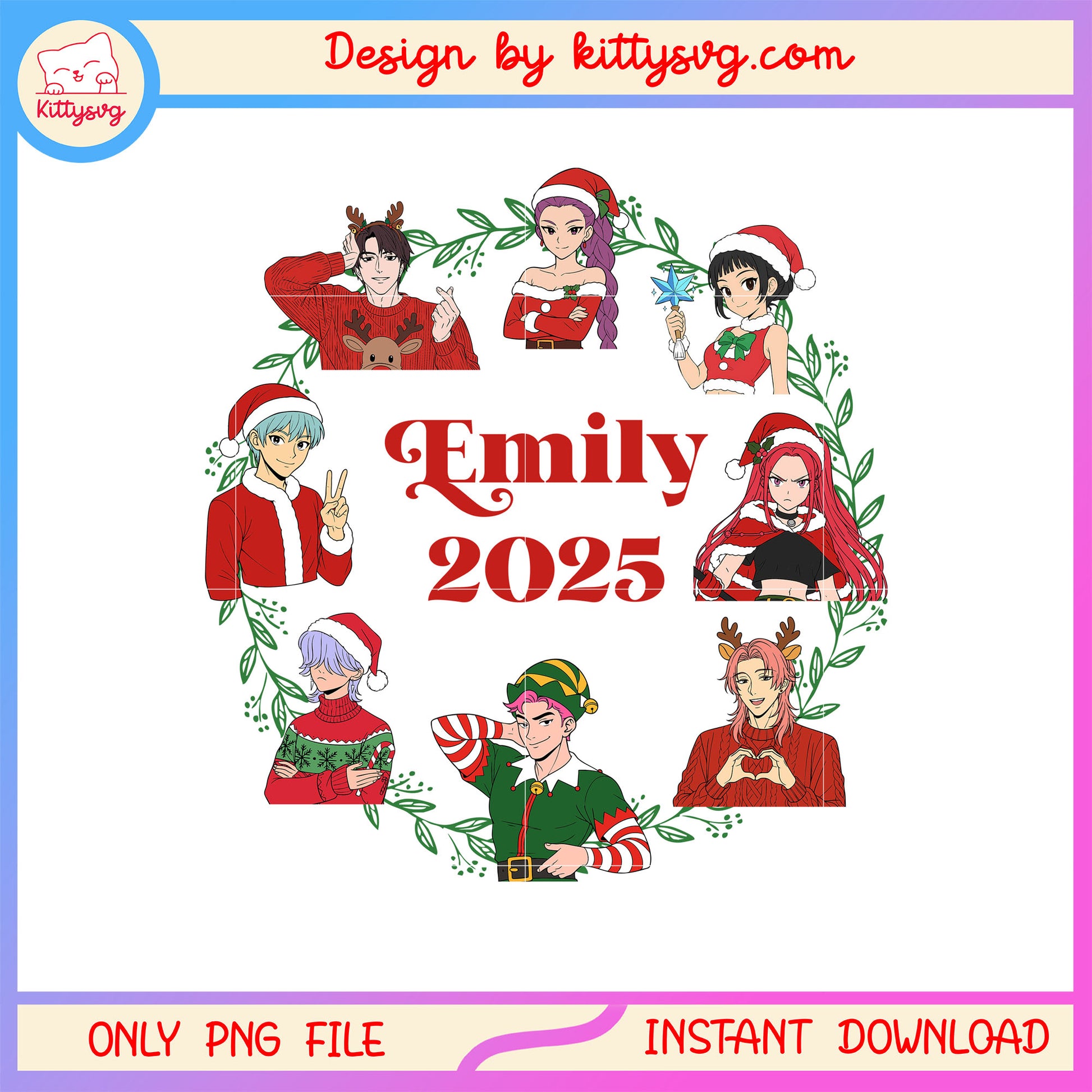 Emily 2025 kpop demon hunters group wreath png, christmas wreath png