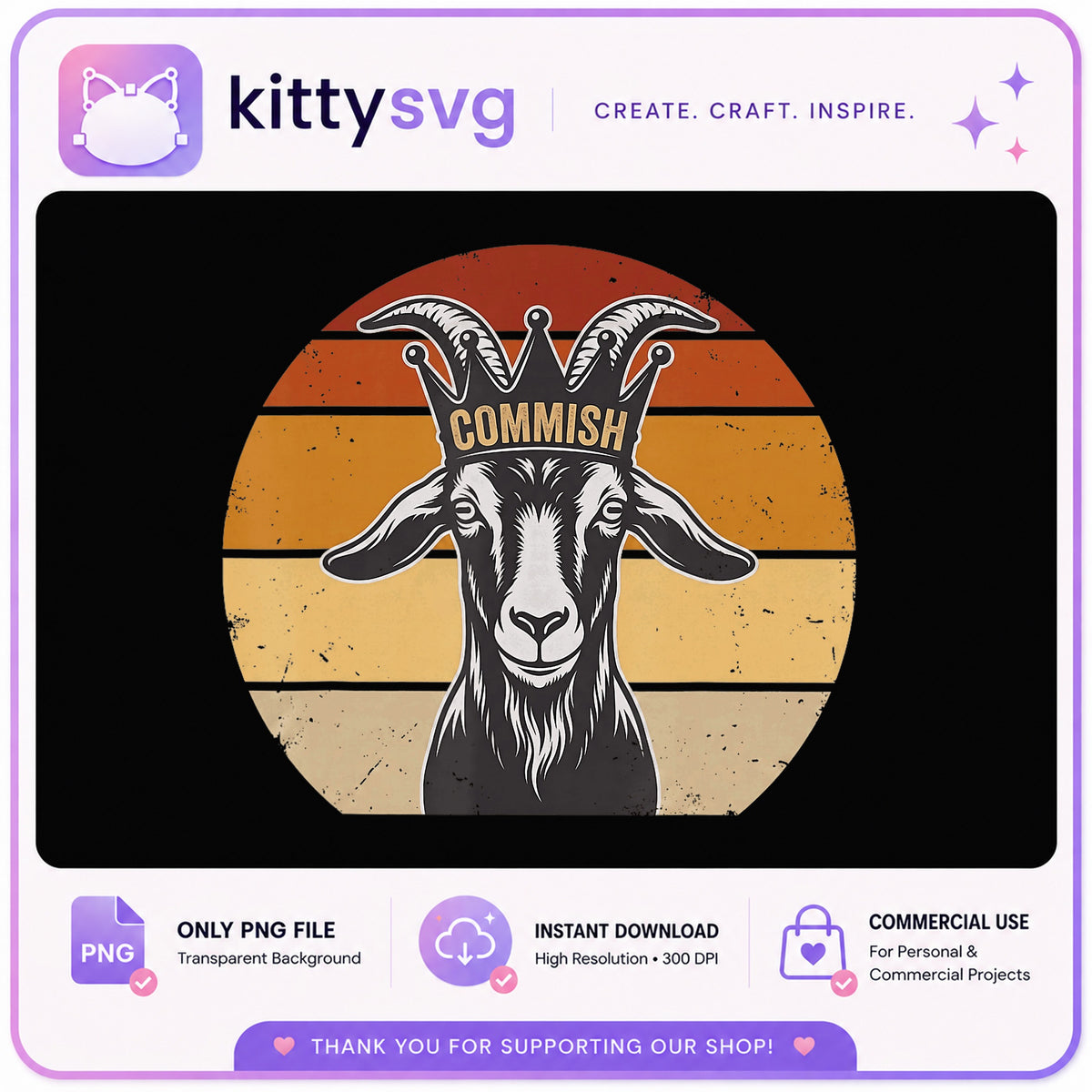 Fantasy Football Commish Goat PNG, Commissioner Crown PNG, Retro Sunset PNG