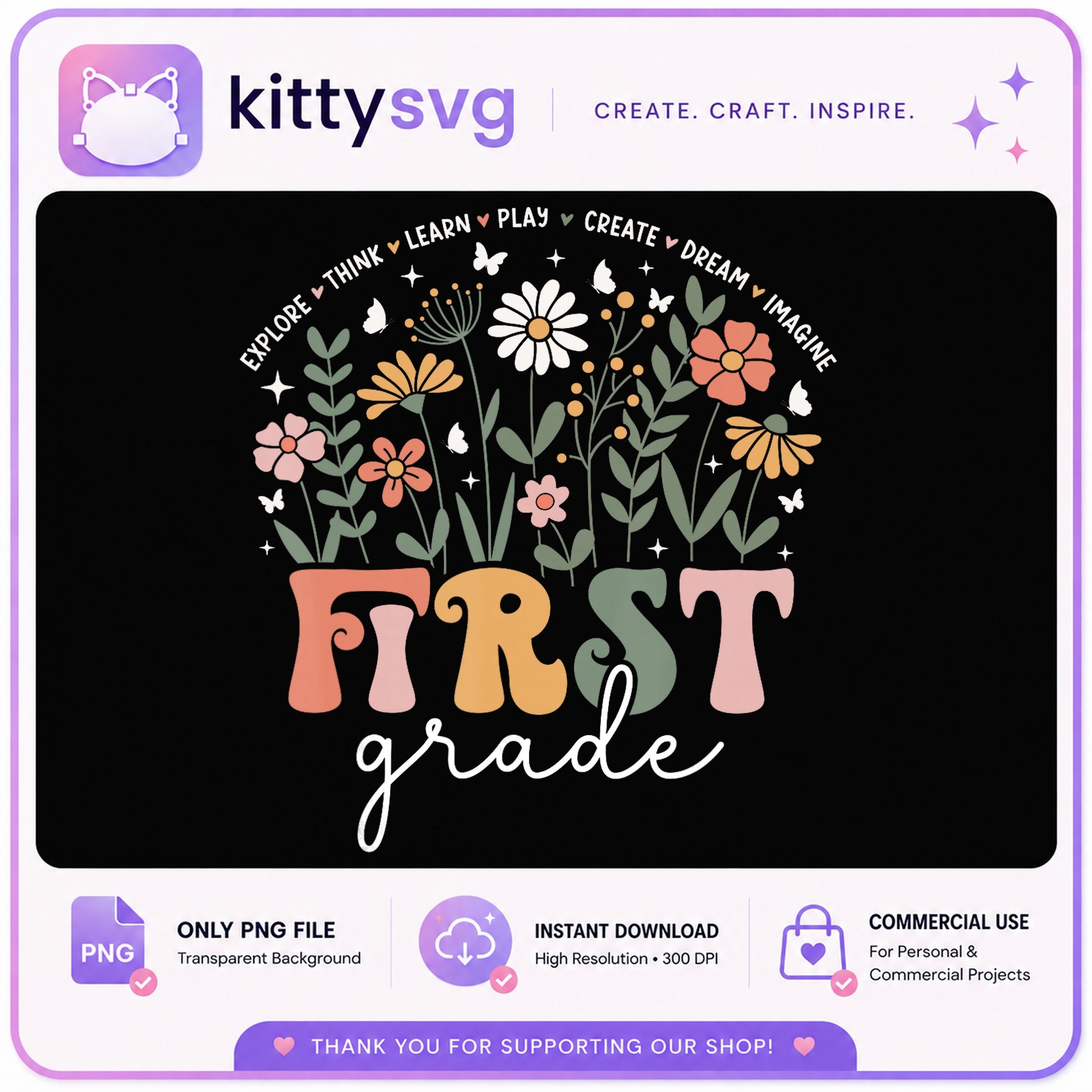 First Grade Wildflower PNG, Back To School PNG, Teacher PNG