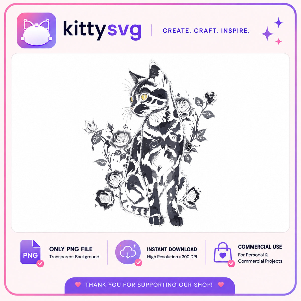Floral Cat PNG, Black And White Cat With Roses PNG, Cat Clipart PNG