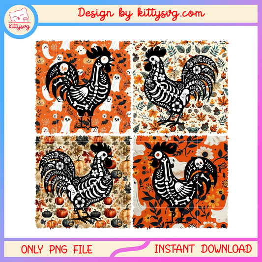Floral chicken halloween png, chicken skeletons png, happy halloween png