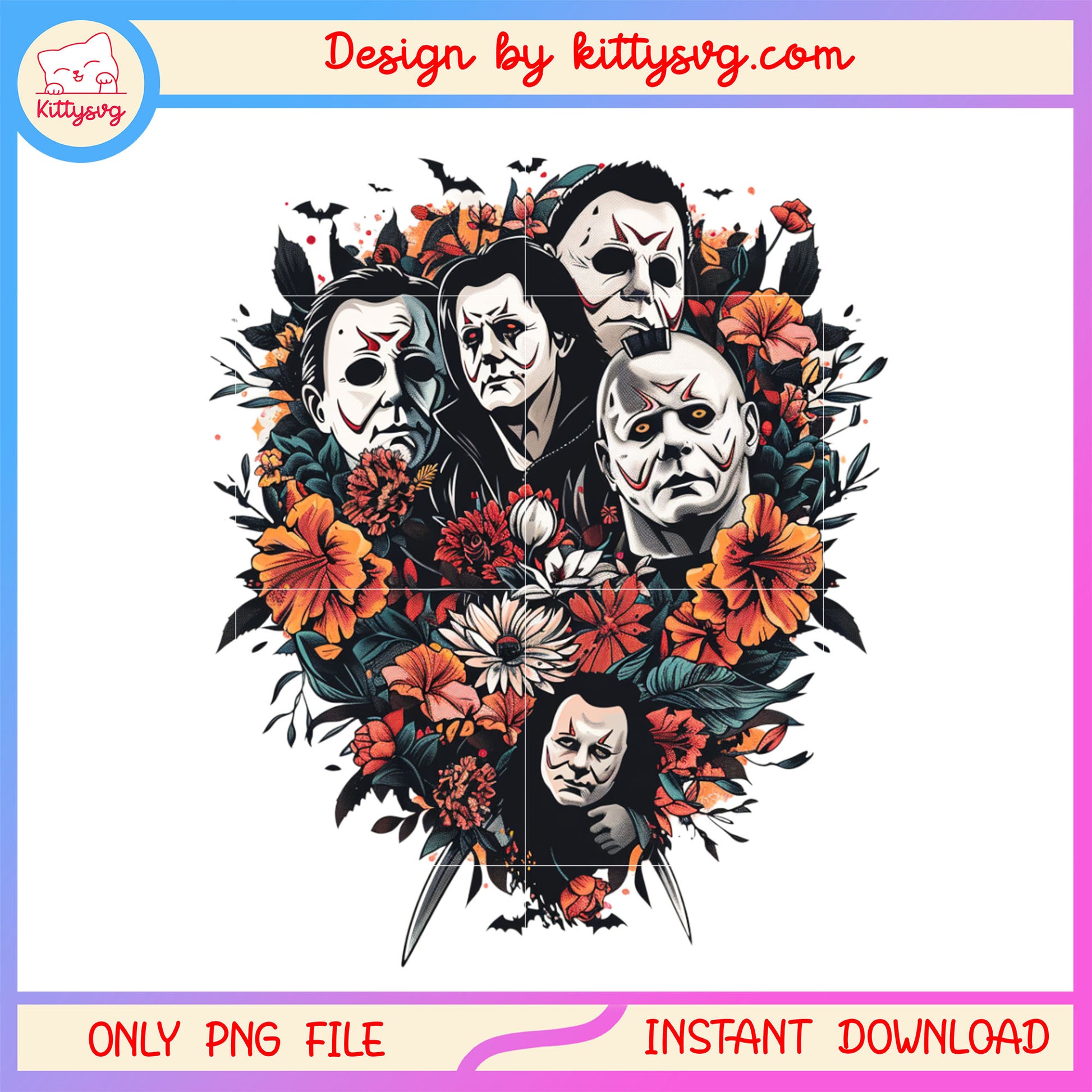 Floral horror face design png, characters spooky png, spooky halloween png