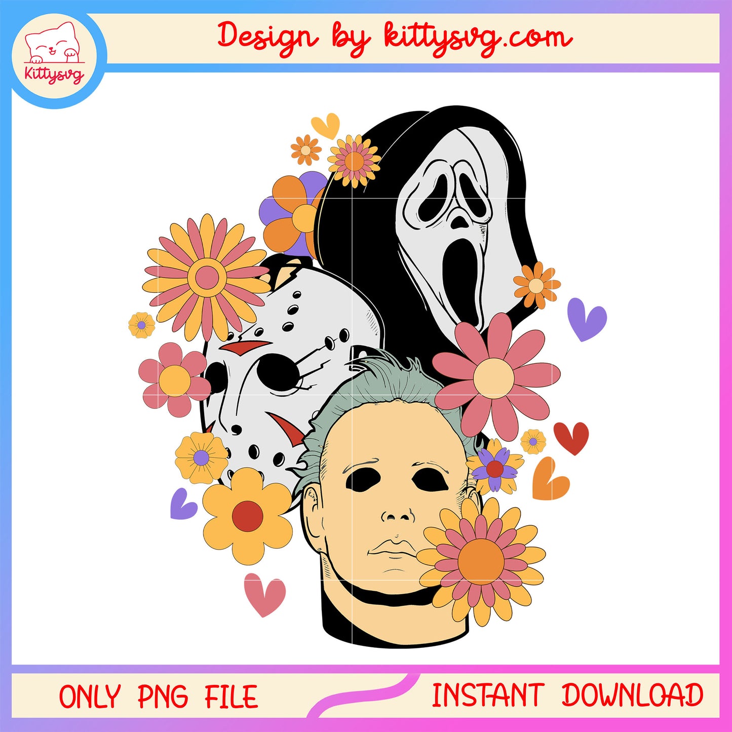 Floral horror movie characters png, retro halloween face png