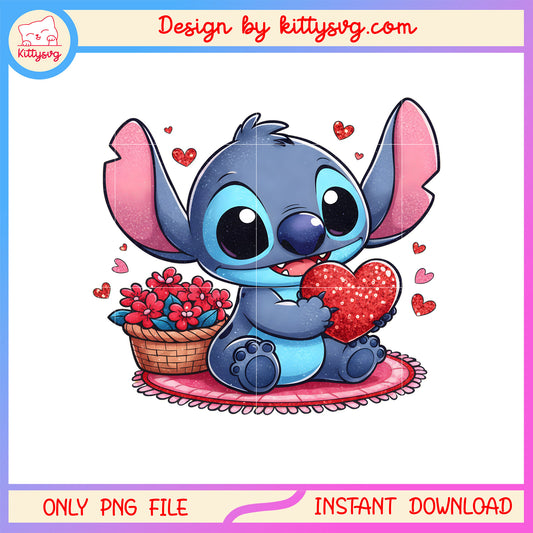 Flower glitter stitch valentine png, stitch valentines day​​ png