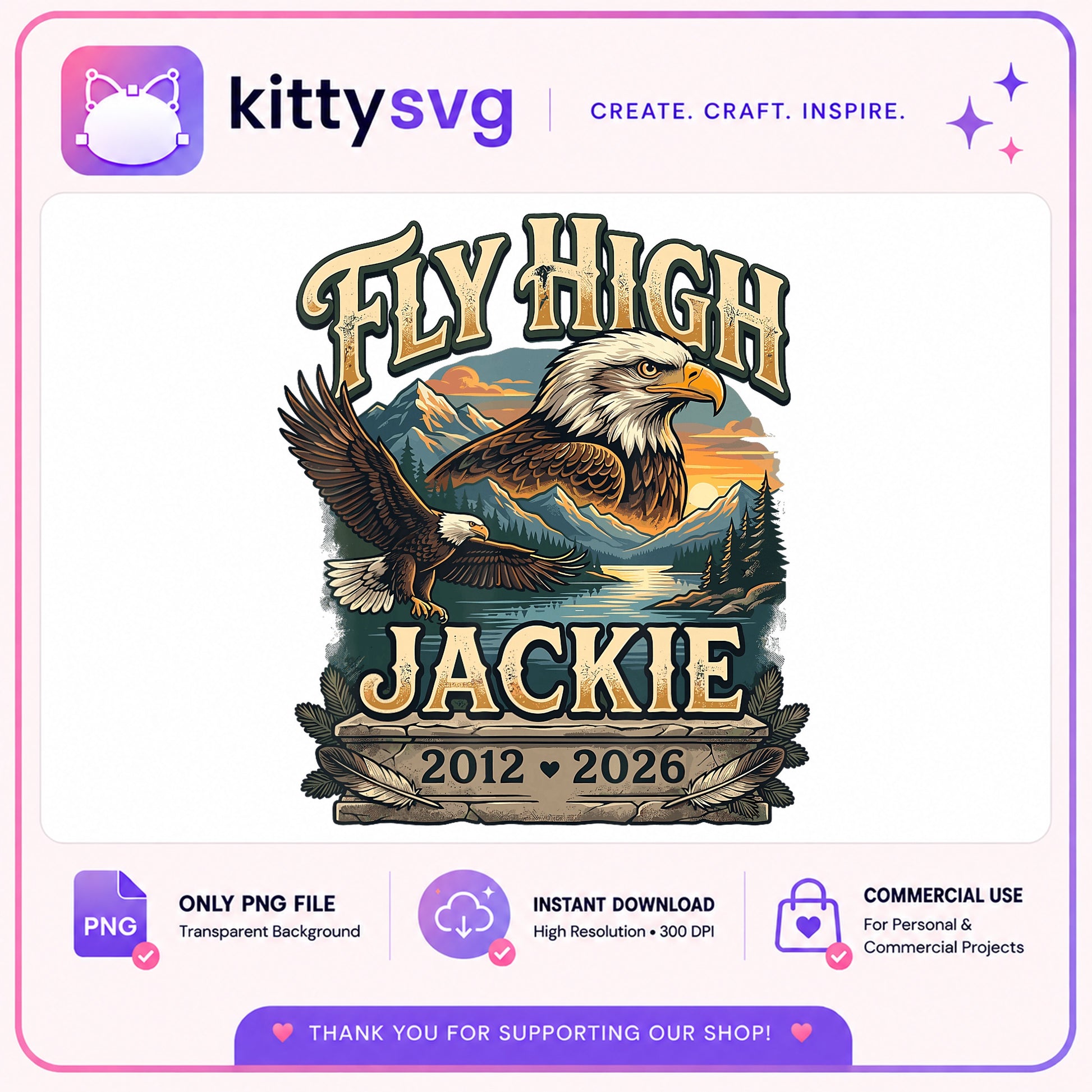 Fly High Bald Eagle Memorial PNG, Eagle Sublimation PNG, RIP PNG