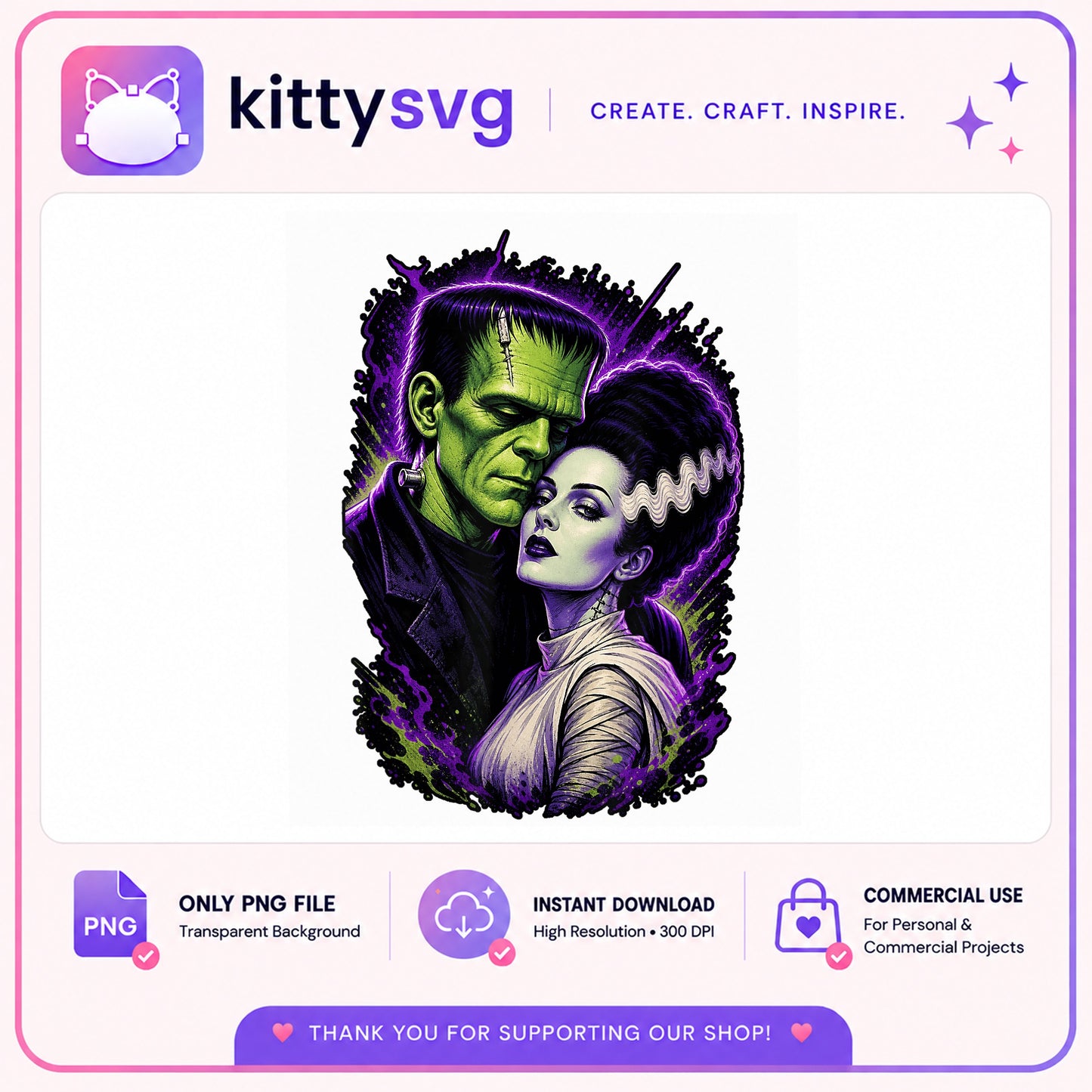 Frankenstein And Bride Of Frankenstein PNG, Halloween PNG, Horror Couple PNG