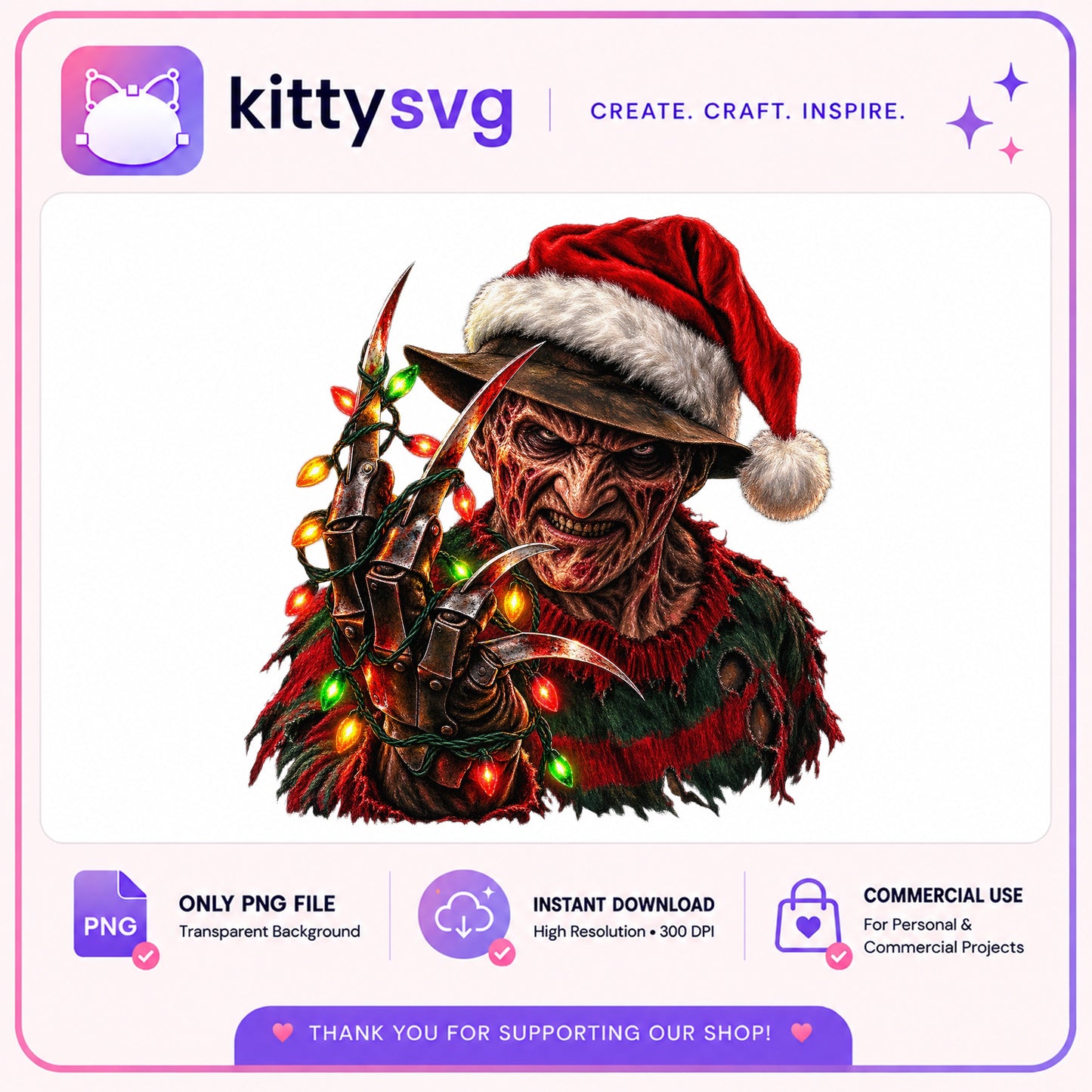 Freddy Krueger Christmas PNG, Horror Santa Claus PNG, Christmas Lights PNG