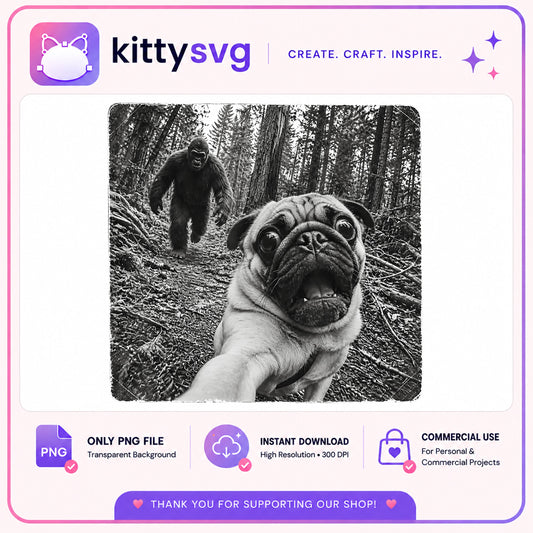 Funny Pug Selfie With Bigfoot PNG, Sasquatch Dog PNG, Cute Pug PNG