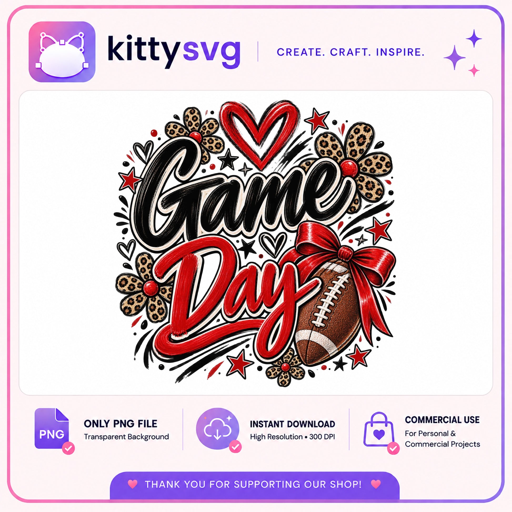 Game Day Football PNG, Leopard Floral Football Shirt PNG, Bow PNG