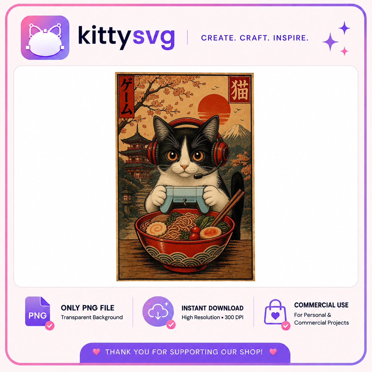 Gamer Cat Ramen Bowl Japanese Art PNG, Cat Gamer PNG, Anime Cat PNG