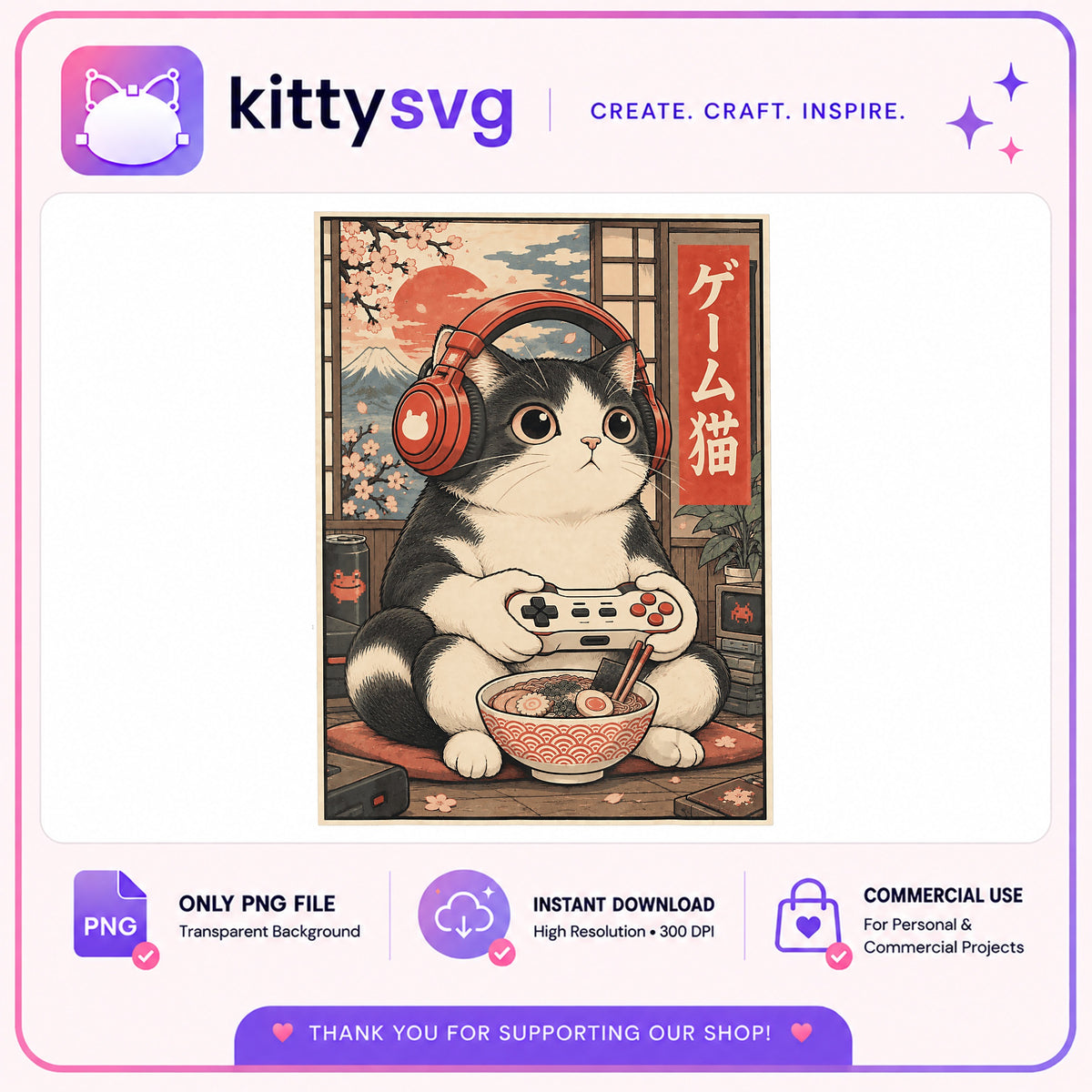 Gamer Cat Ramen PNG, Japanese Anime Cat PNG, Kawaii Cat PNG