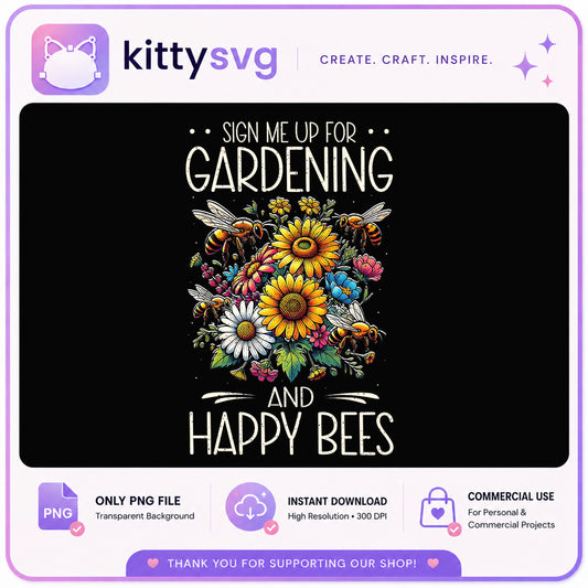 Gardening And Happy Bees PNG, Sunflower Bee Floral PNG, Gardener Gift PNG