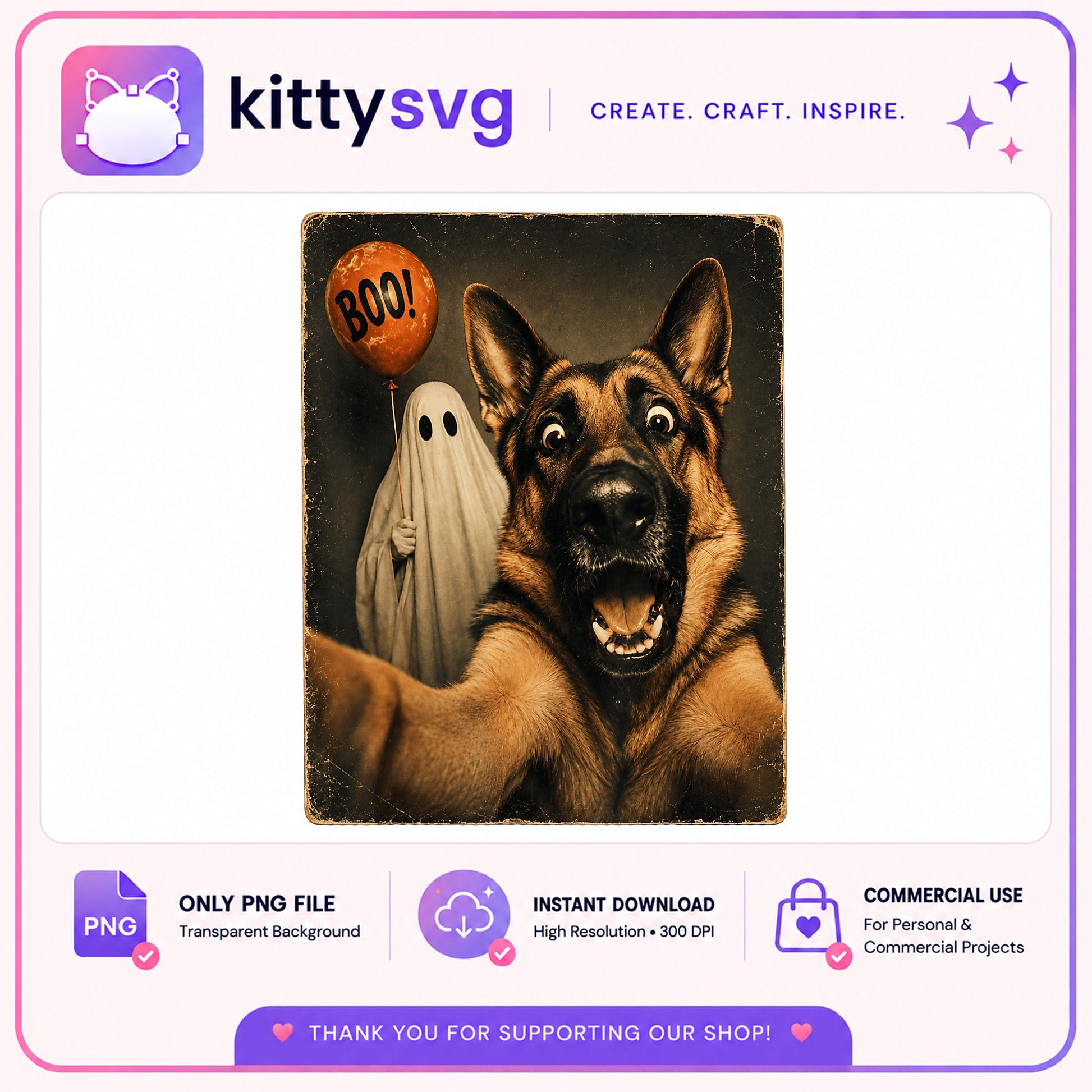 German Shepherd Halloween PNG, Funny Dog Ghost Selfie PNG, Boo PNG