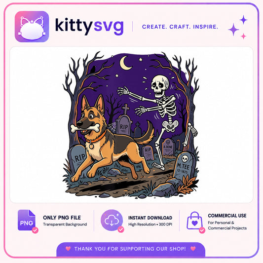 German Shepherd Halloween PNG, Funny Dog Skeleton PNG, Spooky Dog PNG