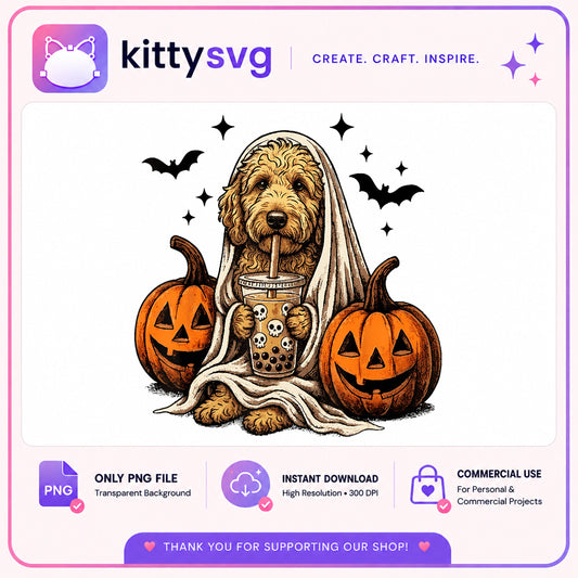 Ghost Dog Halloween PNG, Goldendoodle Ghost Boba Tea PNG, Spooky Dog PNG