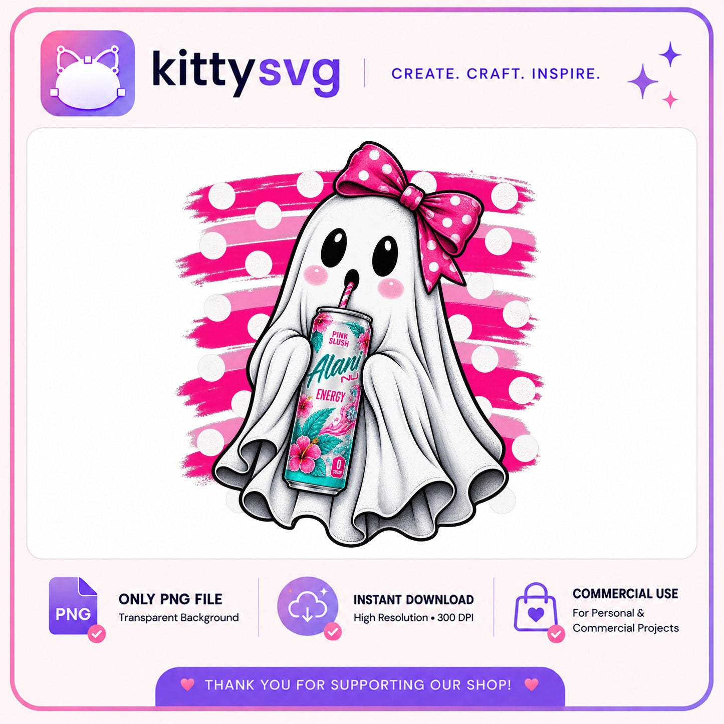 Ghost Drinking Alani Nu Energy Drink PNG, Cute Ghost PNG, Halloween PNG