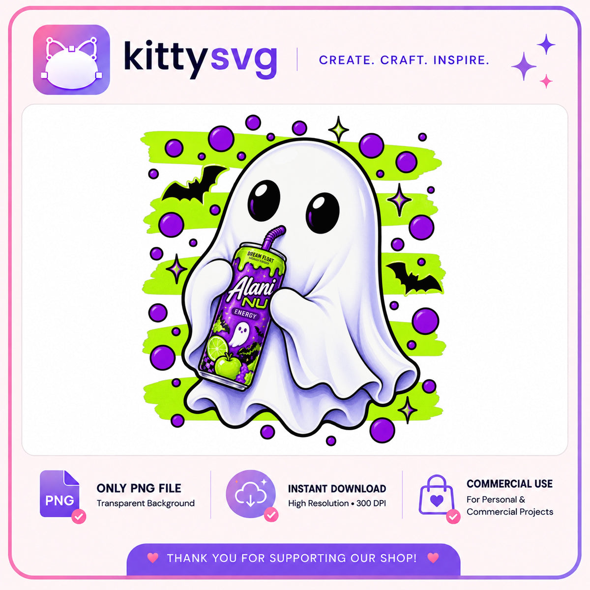 Ghost Holding Alani Nu Energy Drink PNG, Halloween Ghost PNG, Spooky Ghost PNG