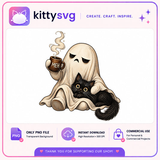 Ghost With Black Cat And Coffee Meh PNG, Halloween PNG, Spooky PNG