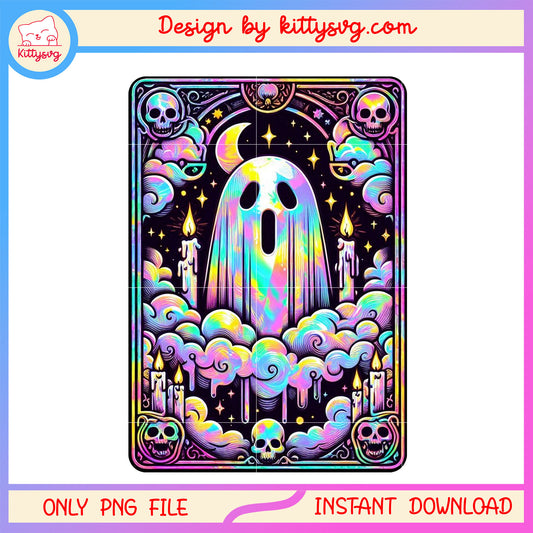 Ghost hovering cute tarot card png, scary ghost tarot card png