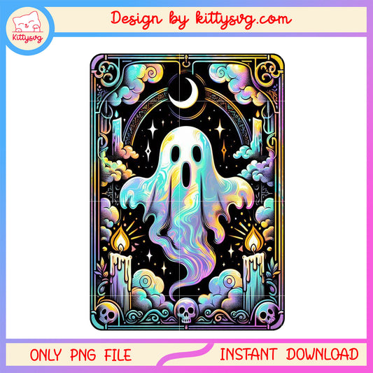 Ghost hovering golden tarot card png, horror ghost tarot card png