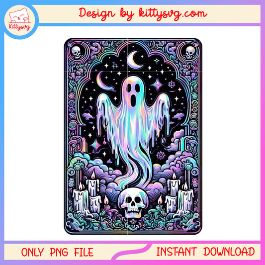 Ghost hovering spooky tarot card png, horror ghost png, tarot card png