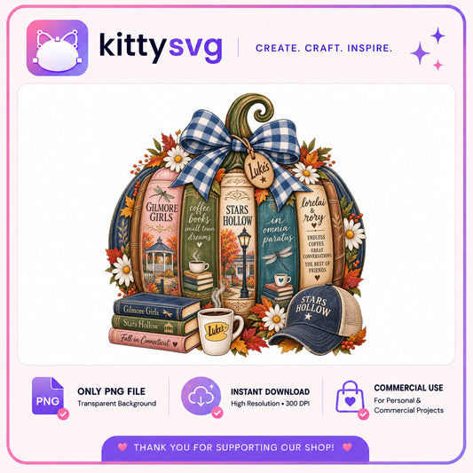 Gilmore Girls Fall Pumpkin Book Stack PNG, Stars Hollow PNG, Autumn PNG
