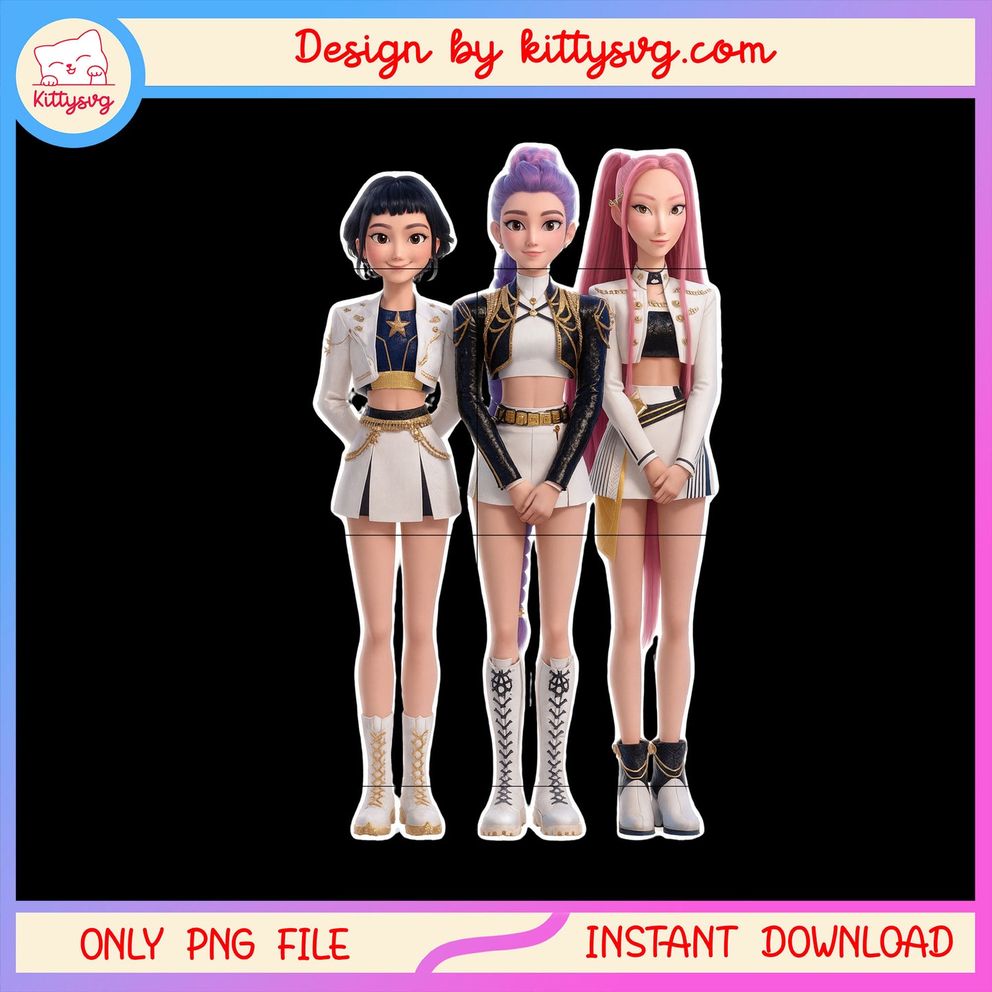 Girl team characters design png, demon hunters movie png