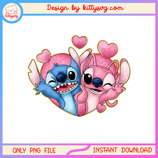 Glitter pink  couple valentine png, stitch valentines day​​ png