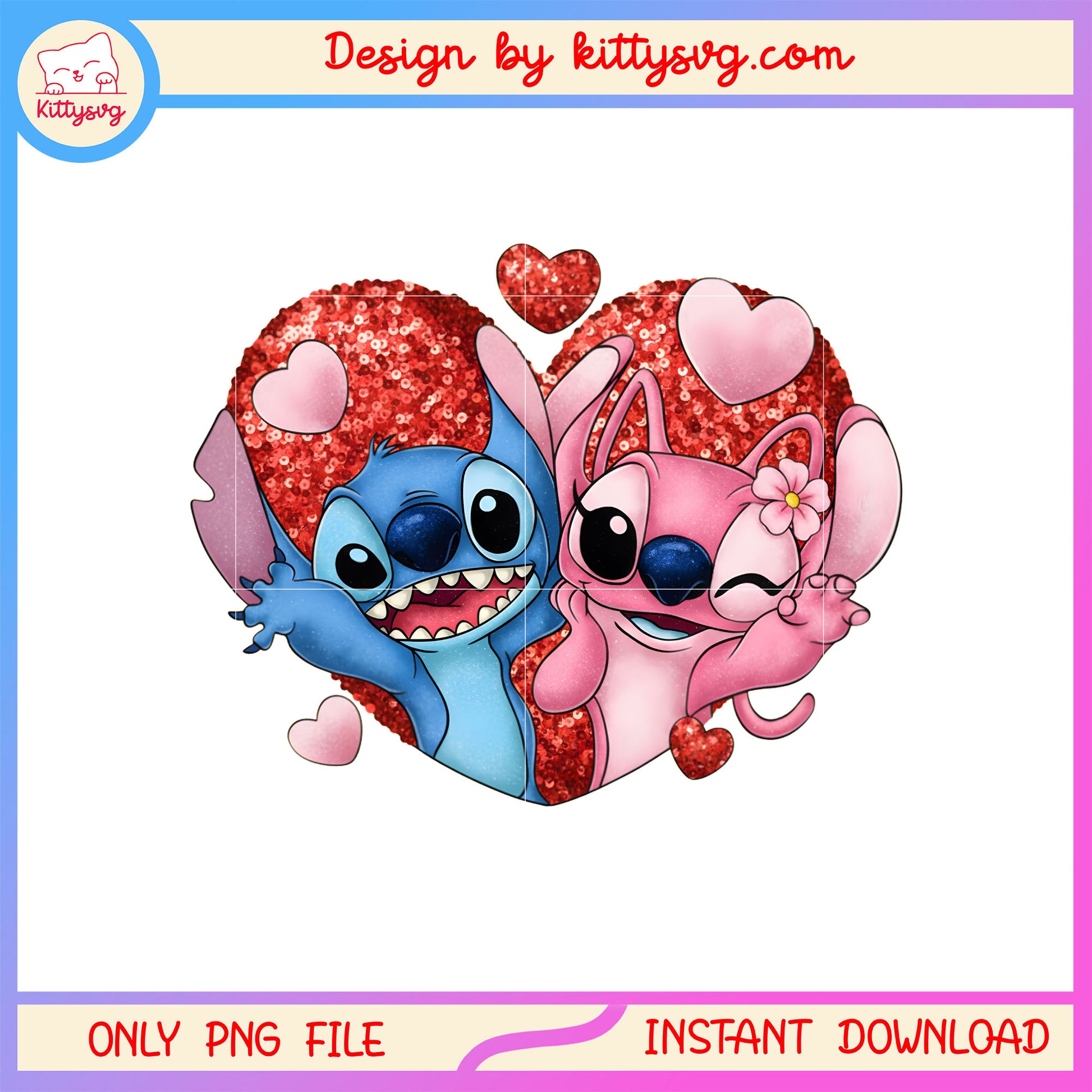 Glitter valentine hearts couple png, stitch valentines day​​ png