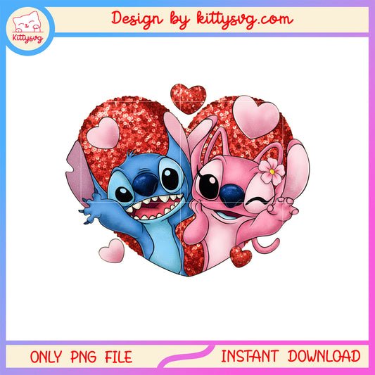 Glitter valentine hearts couple png, stitch valentines day​​ png