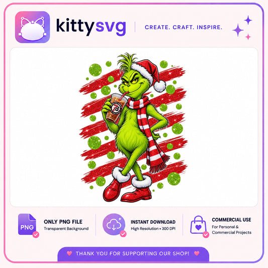 Grinch Christmas Coffee PNG, Grinch Santa PNG, Holiday PNG