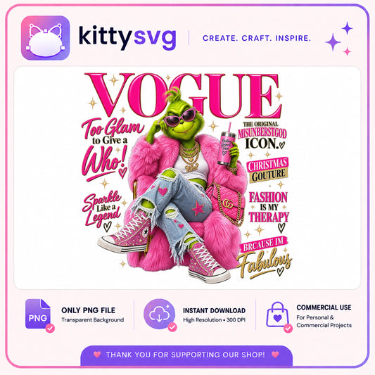 Grinch Vogue Magazine PNG, Christmas Glam Grinch, Funny Grinch PNG