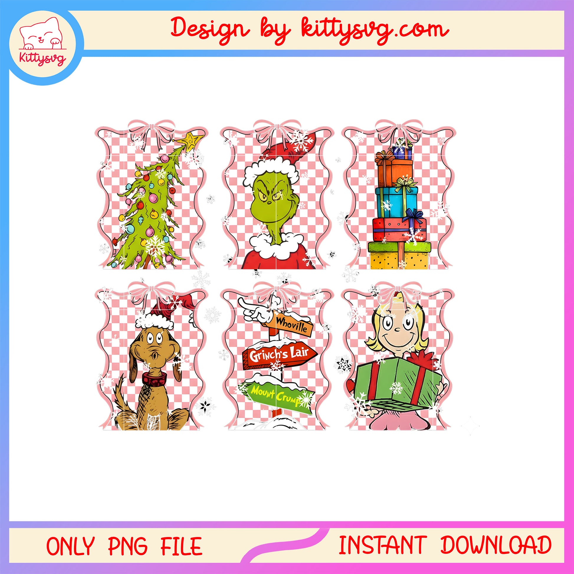 Grinch cartoon coquette bow christmas png, grinch christmas png