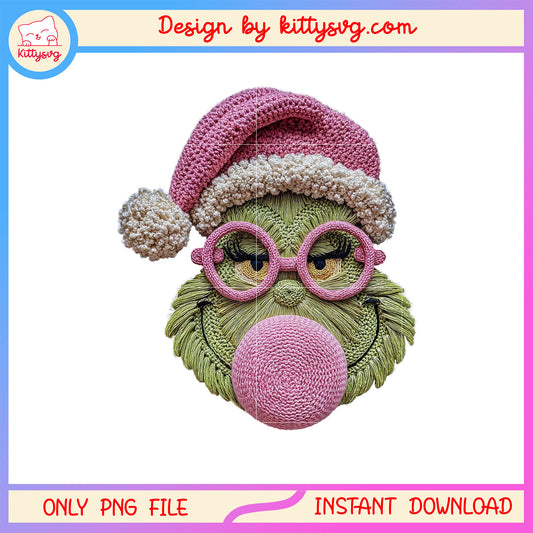 Grinch face blow bubblegum christmas patchwork png, baby grinch png