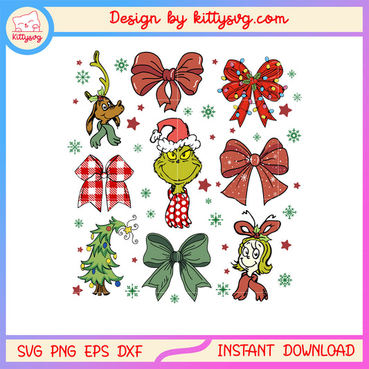 Grinch face christmas coquette bow svg, merry christmas wishes svg
