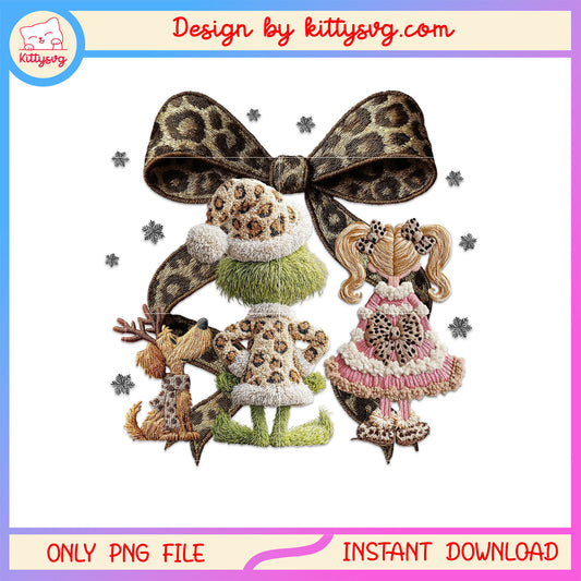 Grinch friends leopard bow patchwork png, decoration christmas png