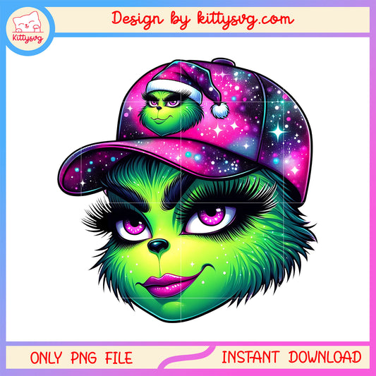 Grinch girl face twinked hip hop cap png, grinch character png
