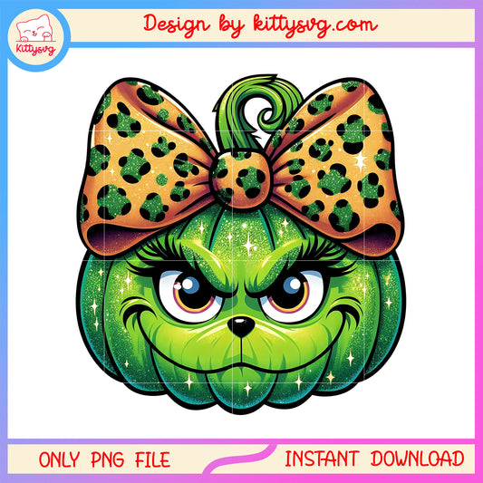 Grinch girl face twinked pumpkin png, halloween pumpkin png, grinch png