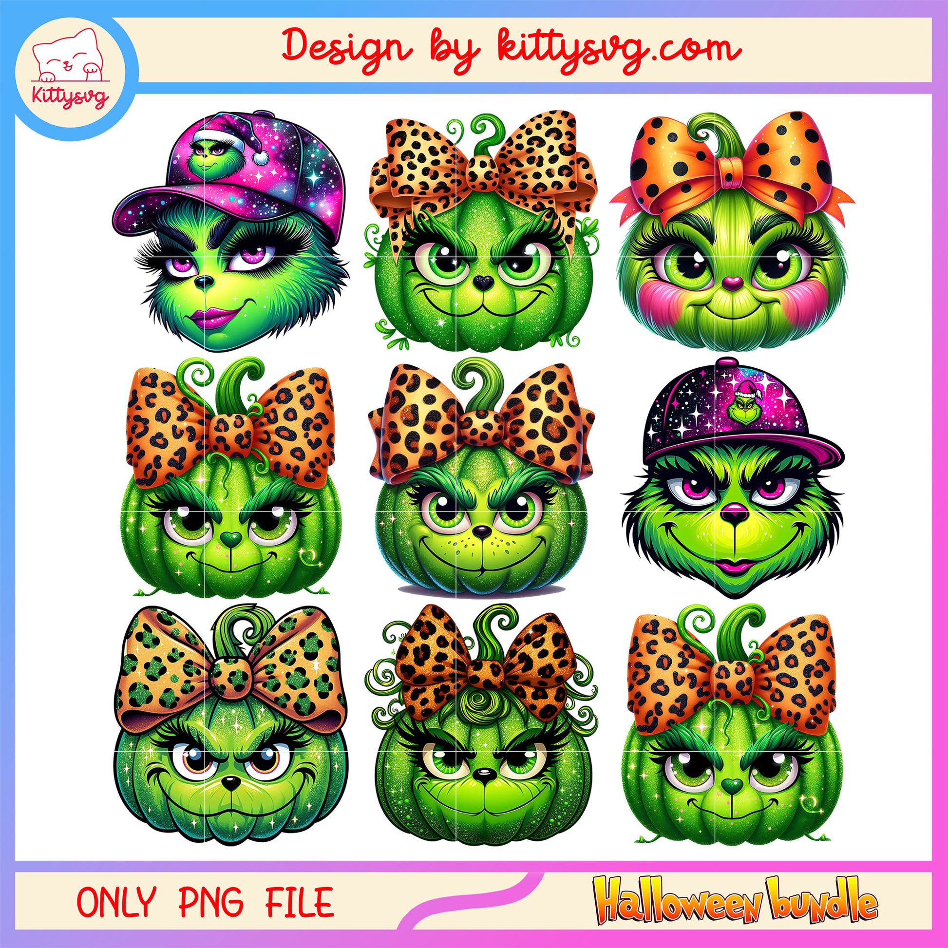 Grinch head pumpkin design bundle png, grinch halloween​ png