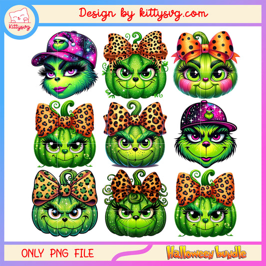 Grinch head pumpkin design bundle png, grinch halloween​ png
