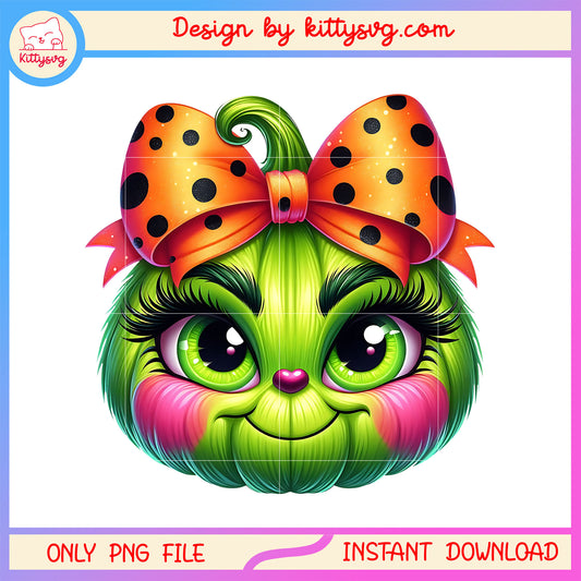 Grinch little baby pumpkin bow dot png, grinch costume png