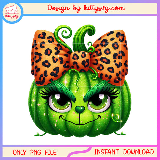 Grinch little girl pumpkin leopard bow png, baby grinch png