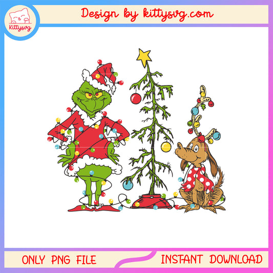 Grinch with dog christmas tree light png, grinch christmas tree png