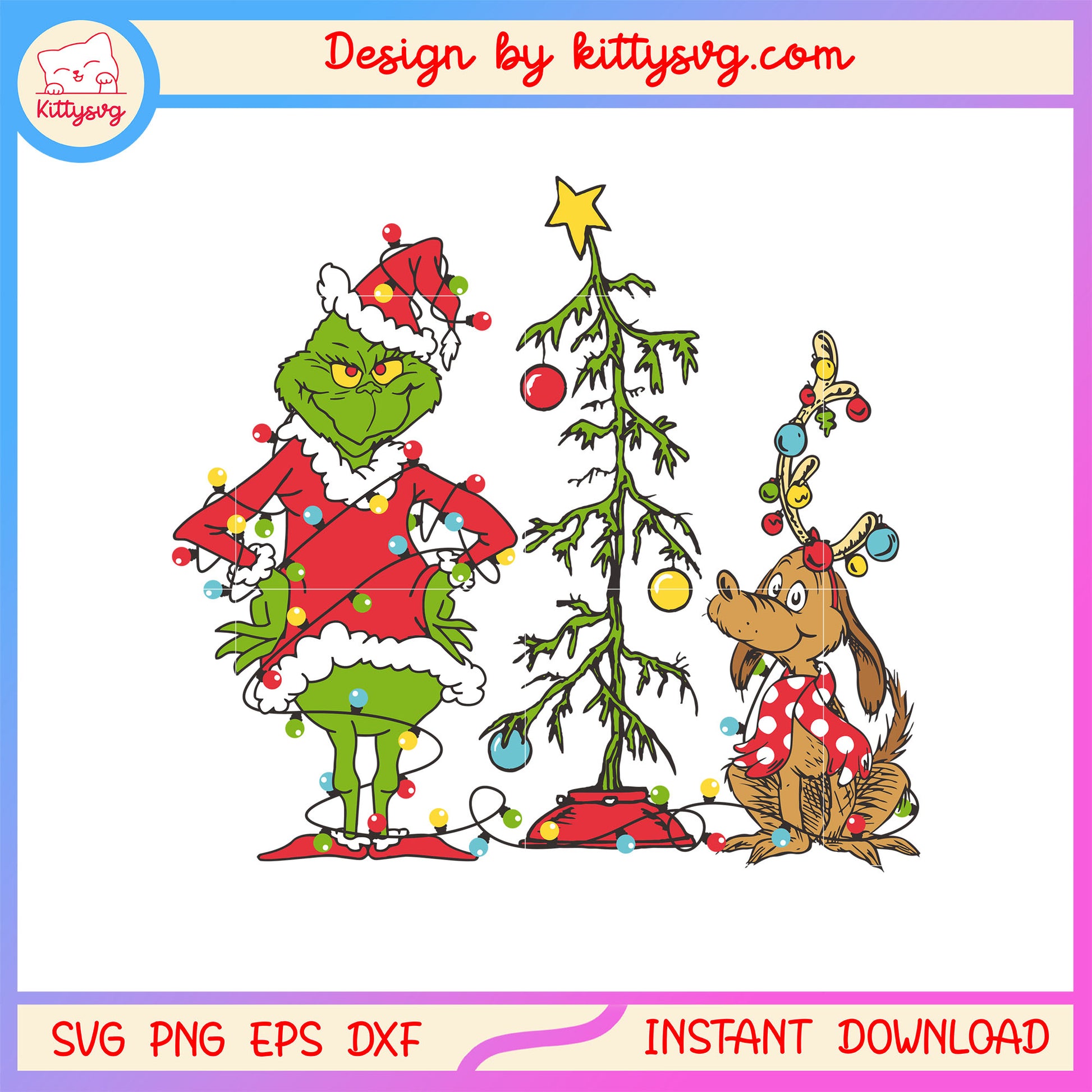 Grinch with dog christmas tree vintage svg, christmas retro svg