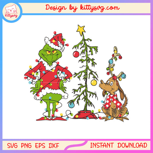 Grinch with dog christmas tree vintage svg, christmas retro svg