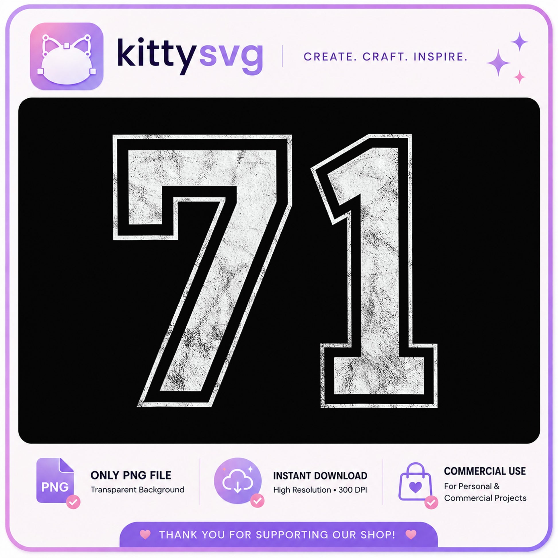 Grunge Number 71 PNG, Distressed Jersey Number, Birthday PNG