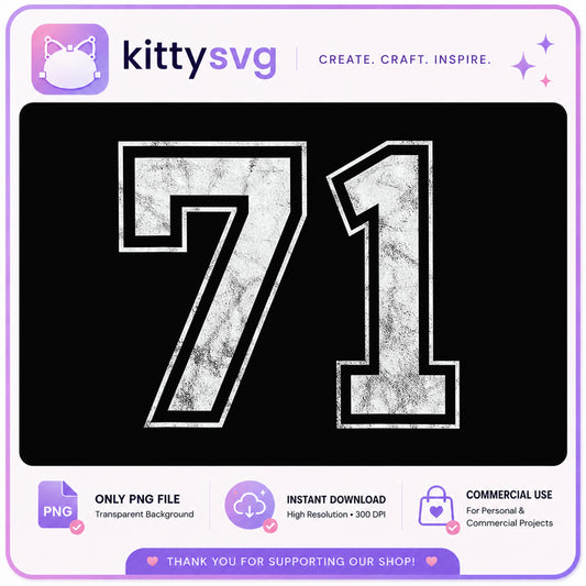 Grunge Number 71 PNG, Distressed Jersey Number, Birthday PNG