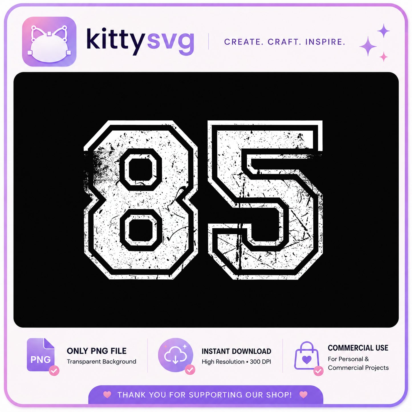 Grunge Number 85 PNG, Distressed Sport Jersey Number, Vintage PNG