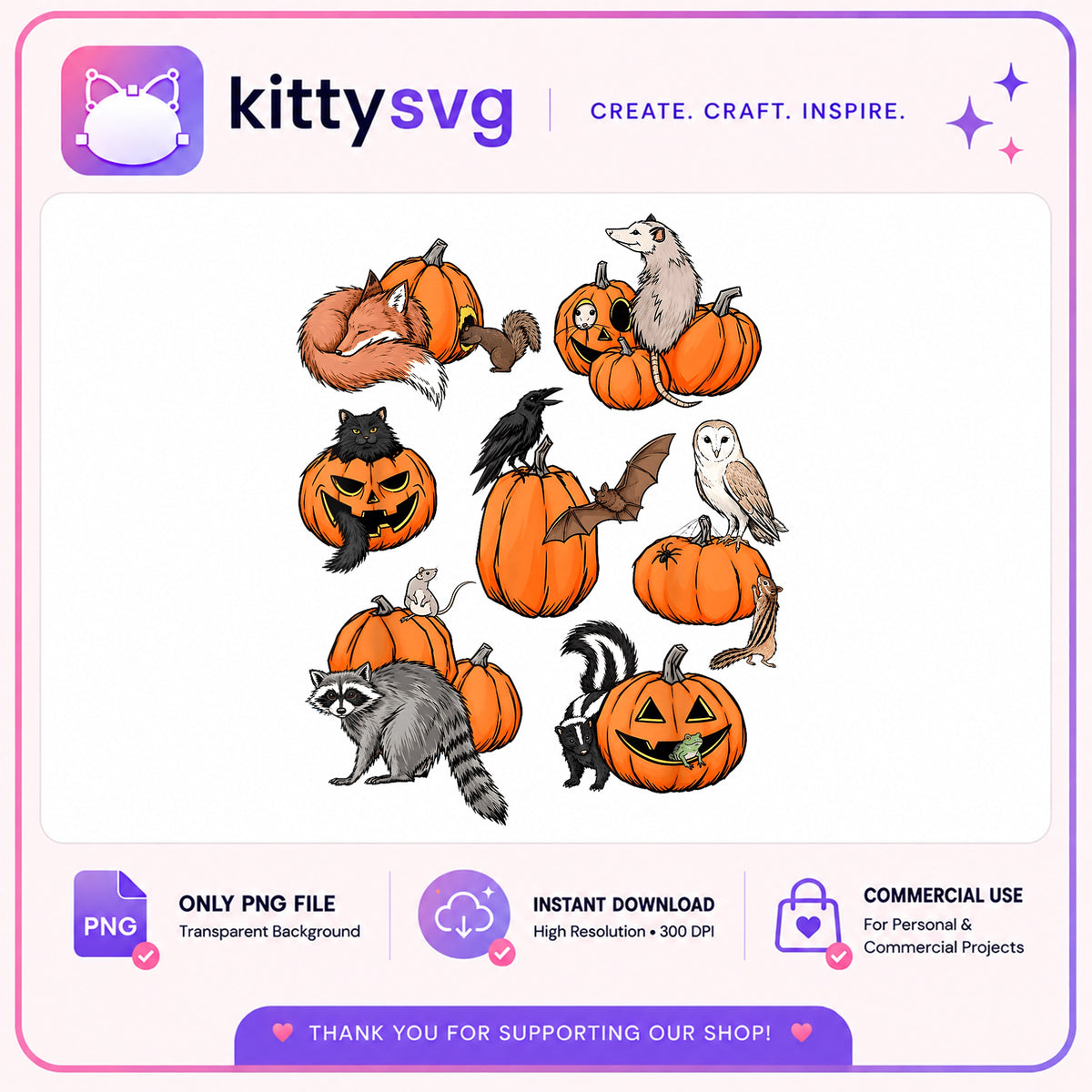 Halloween Animals Pumpkin PNG Bundle, Spooky Wildlife Clipart, Halloween PNG