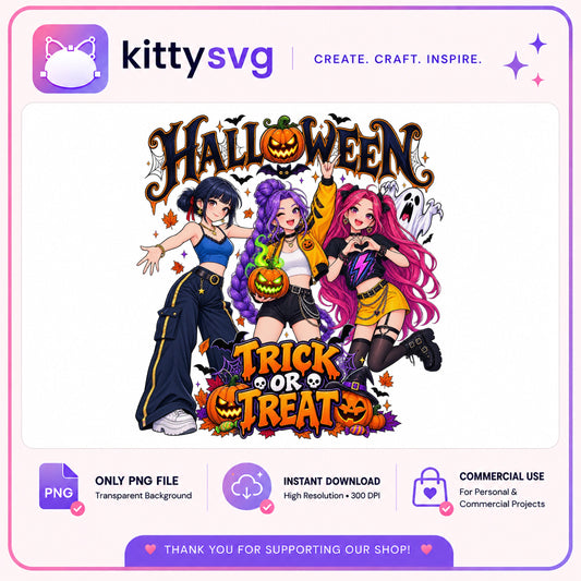 Halloween Anime Girls Trick Or Treat PNG, Spooky Girls PNG, Halloween PNG